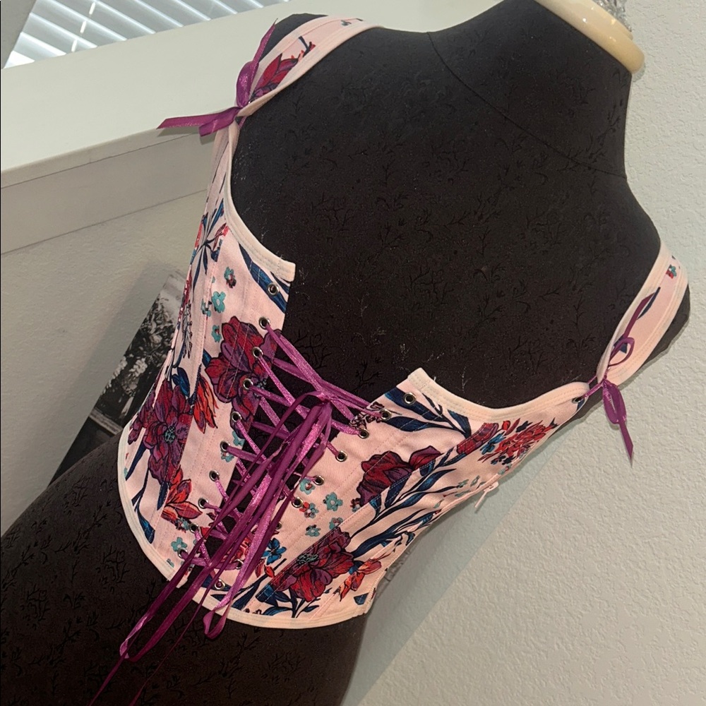 Adore Me Pink Floral Lace-Up Bustier with Magenta Lacing